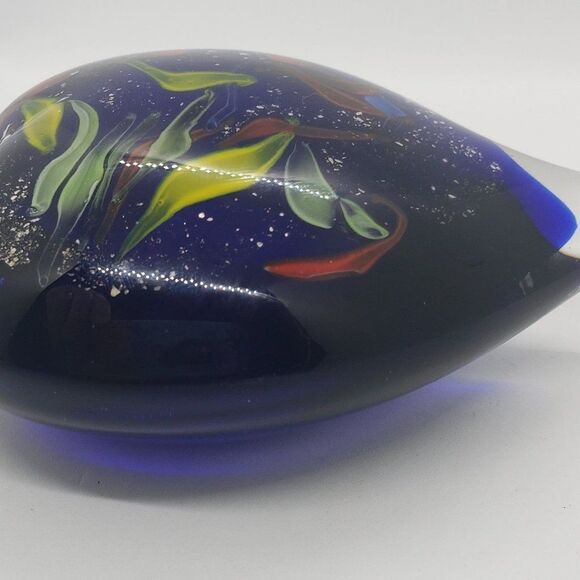 Heart Shaped Cobalt Blue Red Yellow Green Infused Swirls Art Glass Paperweight - Picture 4 of 6